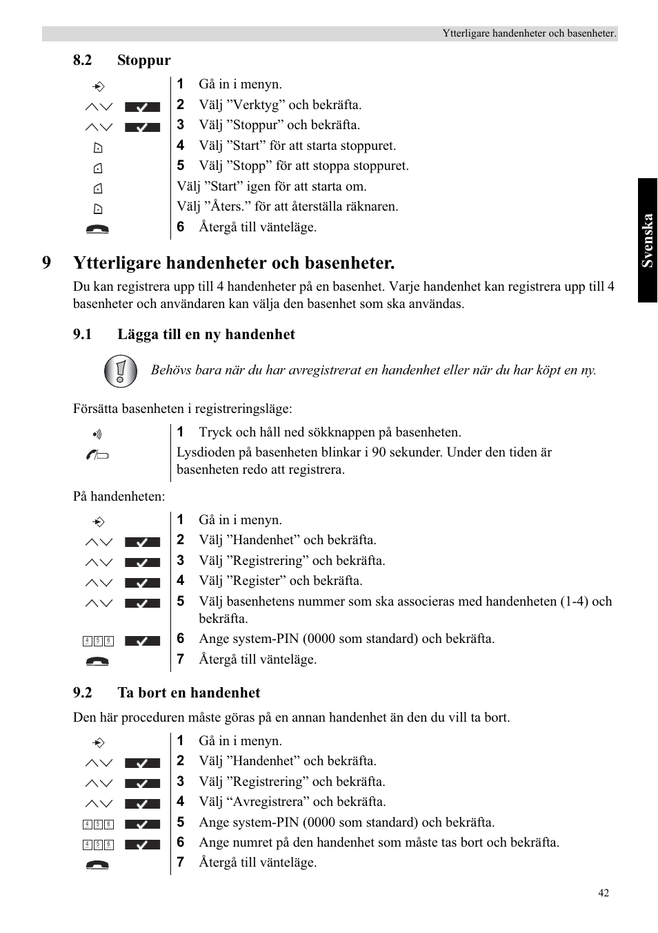 9ytterligare handenheter och basenheter, Svenska, 2 stoppur | 1 lägga till en ny handenhet, 2 ta bort en handenhet | Topcom Butler 5750 User Manual | Page 53 / 144