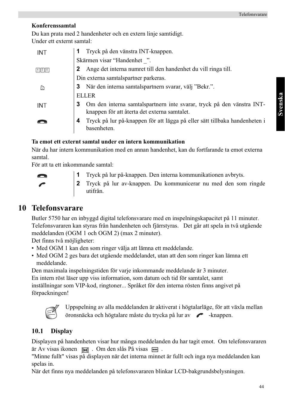 10 telefonsvarare, Svenska, 1 display | Topcom Butler 5750 User Manual | Page 55 / 144