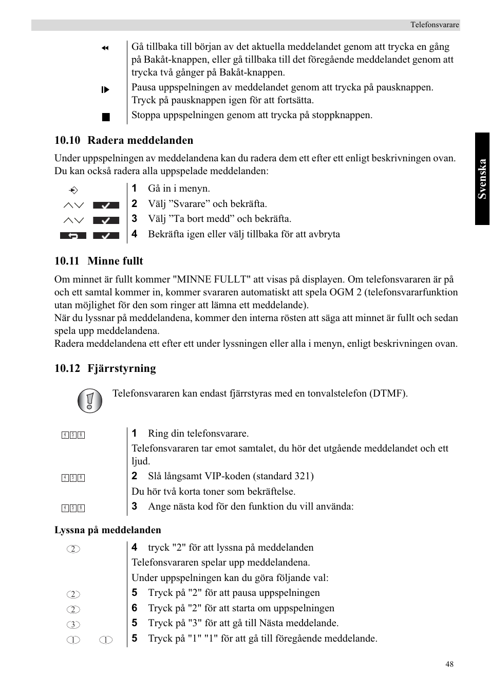 Svenska, 10 radera meddelanden, 11 minne fullt | 12 fjärrstyrning | Topcom Butler 5750 User Manual | Page 59 / 144