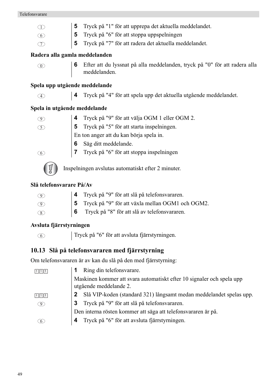 13 slå på telefonsvararen med fjärrstyrning | Topcom Butler 5750 User Manual | Page 60 / 144