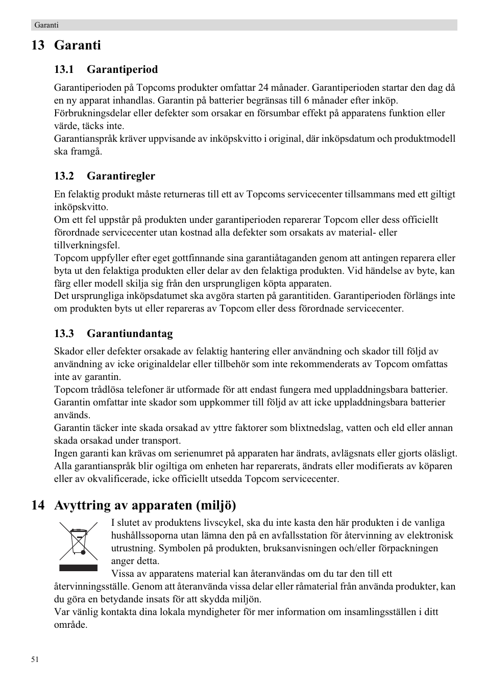 13 garanti, 14 avyttring av apparaten (miljö) | Topcom Butler 5750 User Manual | Page 62 / 144