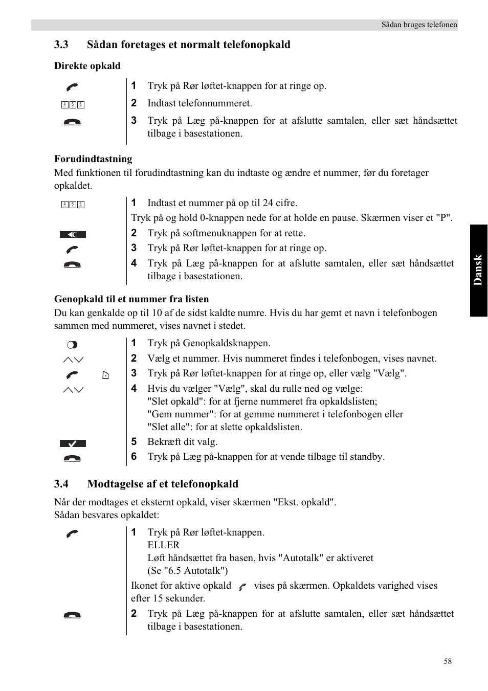 Dansk, 3 sådan foretages et normalt telefonopkald, 4 modtagelse af et telefonopkald | Topcom Butler 5750 User Manual | Page 69 / 144