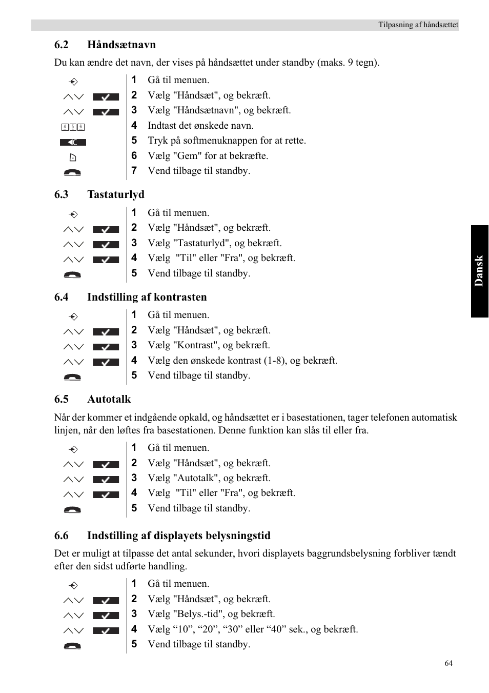 Dansk, 2 håndsætnavn, 6 indstilling af displayets belysningstid | Topcom Butler 5750 User Manual | Page 75 / 144