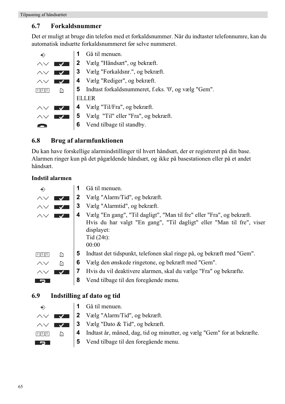 7 forkaldsnummer, 8 brug af alarmfunktionen, 9 indstilling af dato og tid | Topcom Butler 5750 User Manual | Page 76 / 144