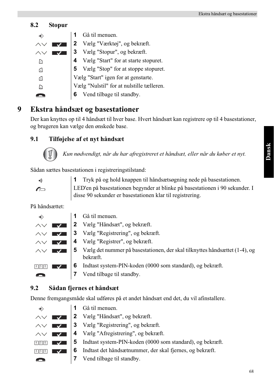 9ekstra håndsæt og basestationer, Dansk, 2 stopur | 1 tilføjelse af et nyt håndsæt, 2 sådan fjernes et håndsæt | Topcom Butler 5750 User Manual | Page 79 / 144