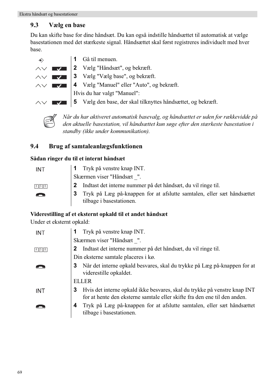 3 vælg en base, 4 brug af samtaleanlægsfunktionen | Topcom Butler 5750 User Manual | Page 80 / 144