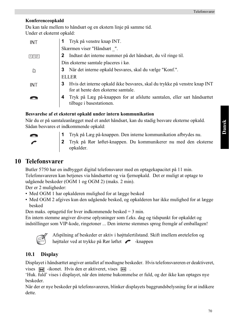 10 telefonsvarer, Dansk, 1 display | Topcom Butler 5750 User Manual | Page 81 / 144