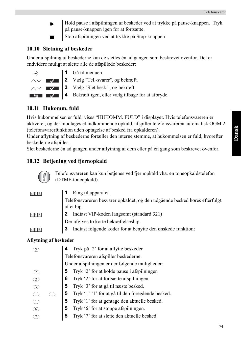 Dansk, 10 sletning af beskeder, 11 hukomm. fuld | 12 betjening ved fjernopkald | Topcom Butler 5750 User Manual | Page 85 / 144
