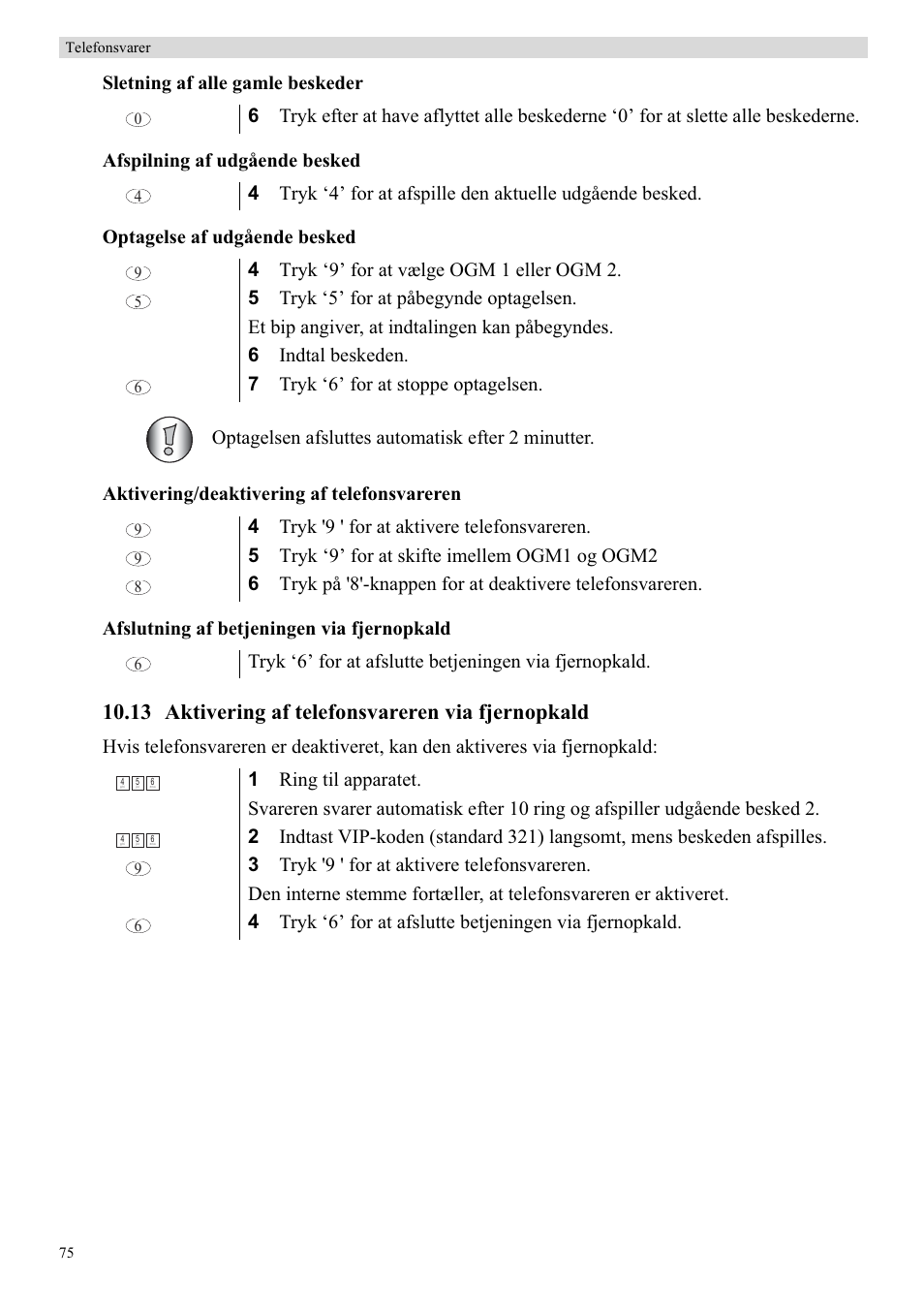 13 aktivering af telefonsvareren via fjernopkald | Topcom Butler 5750 User Manual | Page 86 / 144
