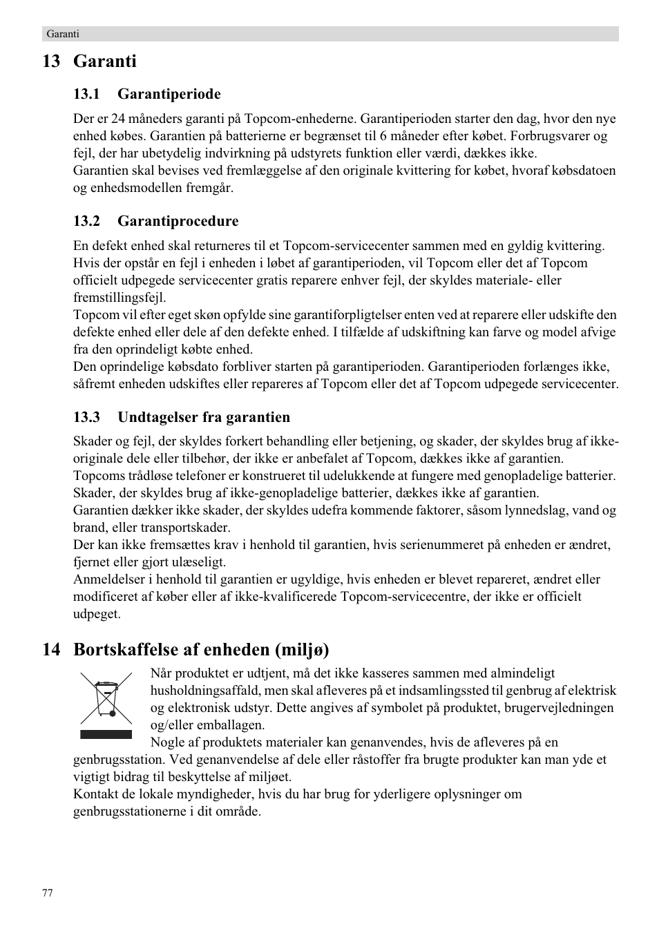 13 garanti, 14 bortskaffelse af enheden (miljø) | Topcom Butler 5750 User Manual | Page 88 / 144