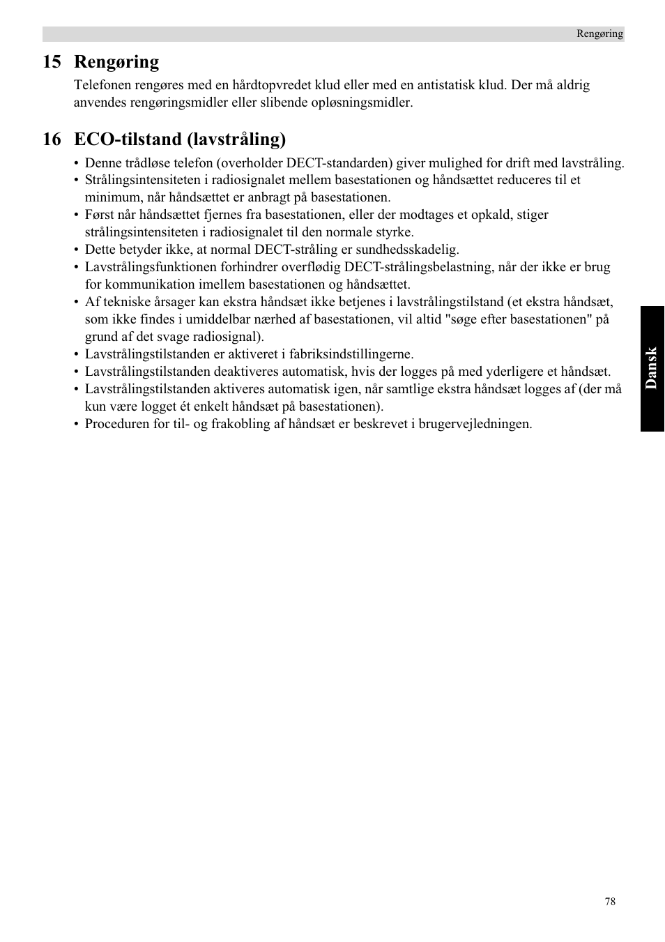 15 rengøring, 16 eco-tilstand (lavstråling) | Topcom Butler 5750 User Manual | Page 89 / 144