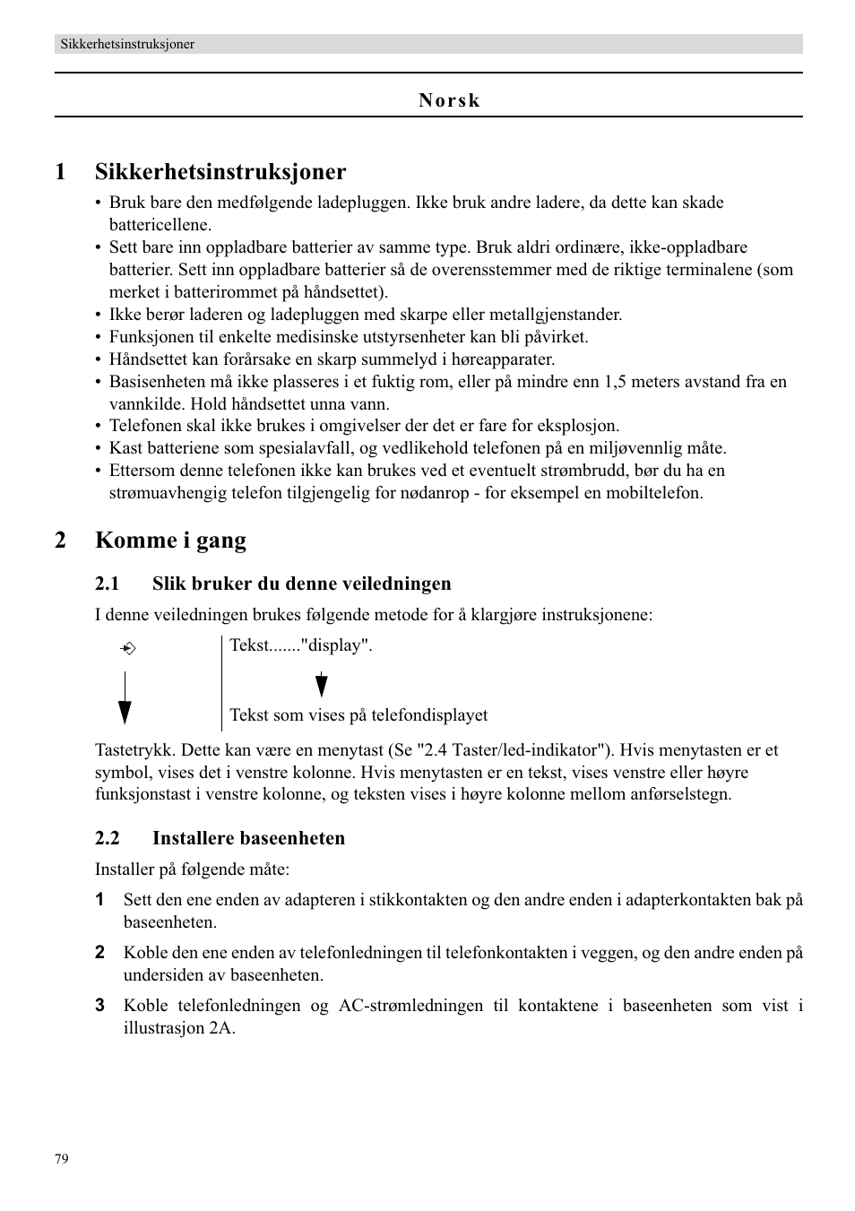 1sikkerhetsinstruksjoner, 2komme i gang | Topcom Butler 5750 User Manual | Page 90 / 144