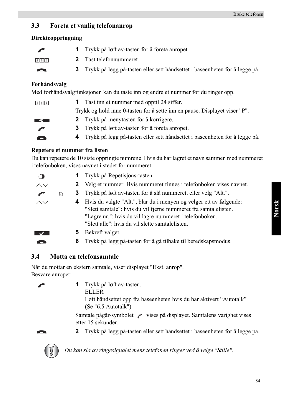 Norsk, 3 foreta et vanlig telefonanrop, 4 motta en telefonsamtale | Topcom Butler 5750 User Manual | Page 95 / 144