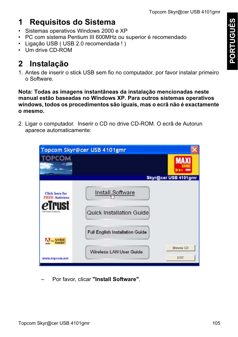 1 requisitos do sistema, 2 instalação, Português | Topcom Skyr@cer 4101GMR User Manual | Page 105 / 212