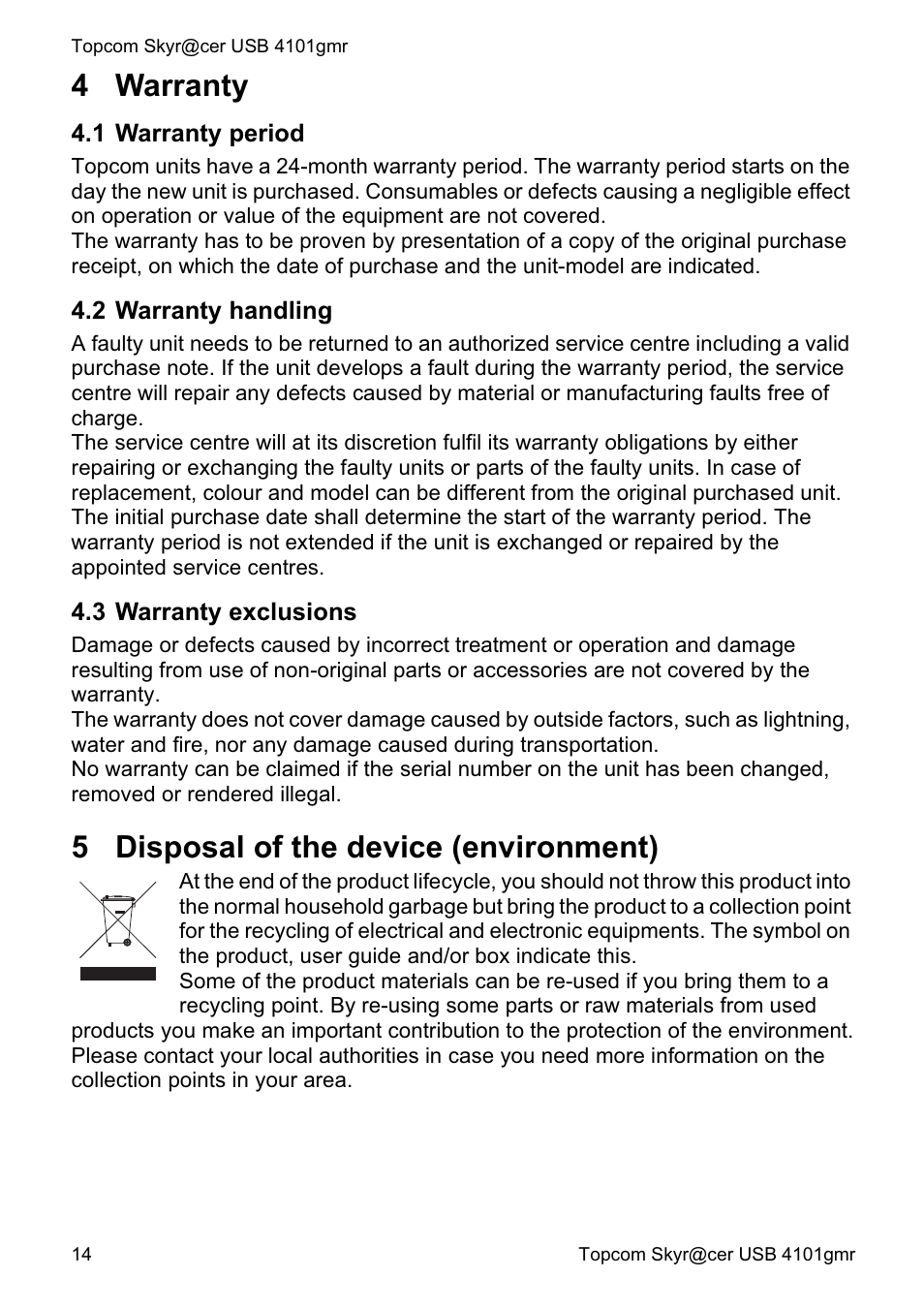 4 warranty, 5 disposal of the device (environment) | Topcom Skyr@cer 4101GMR User Manual | Page 14 / 212