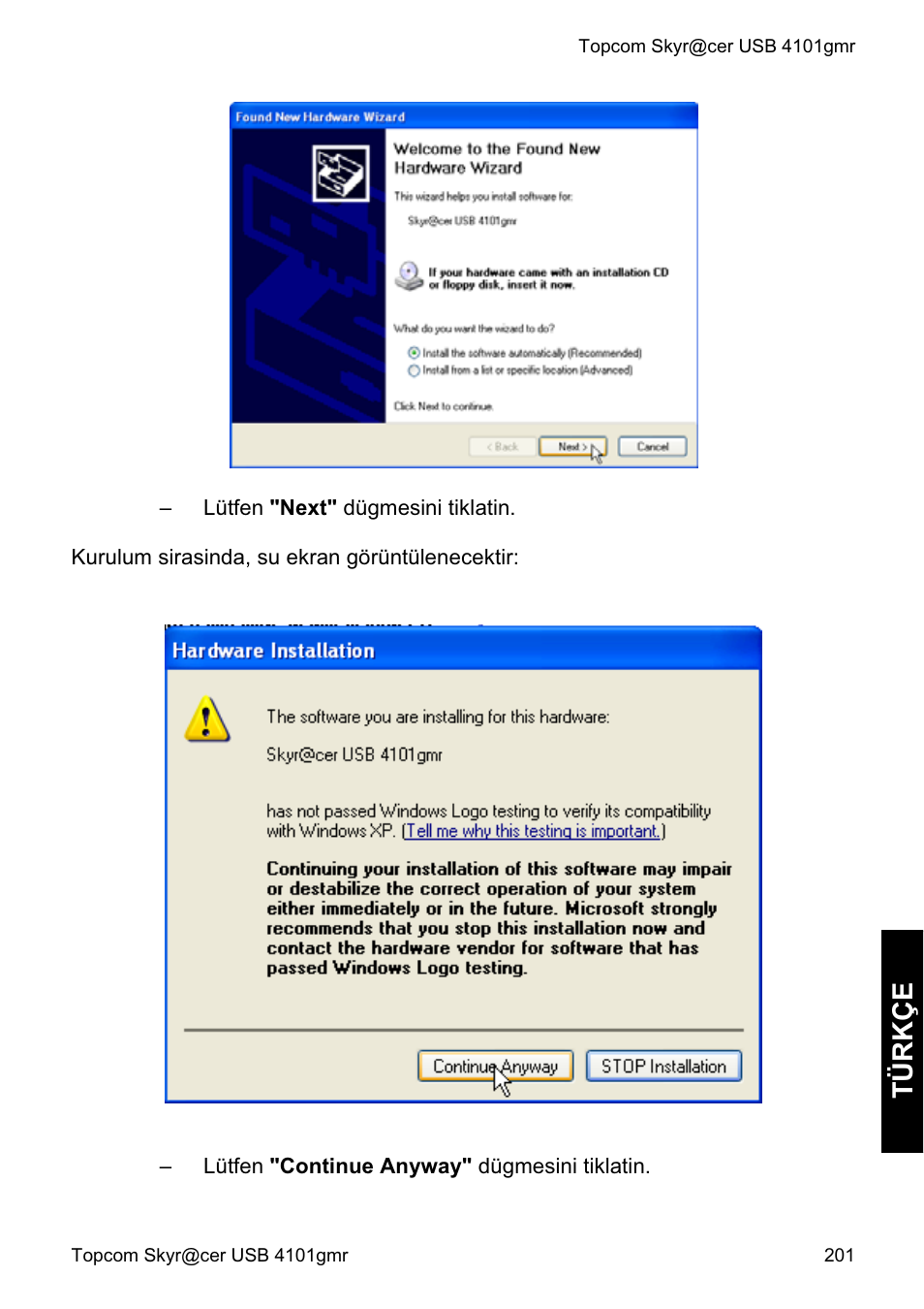 Türkç e | Topcom Skyr@cer 4101GMR User Manual | Page 201 / 212