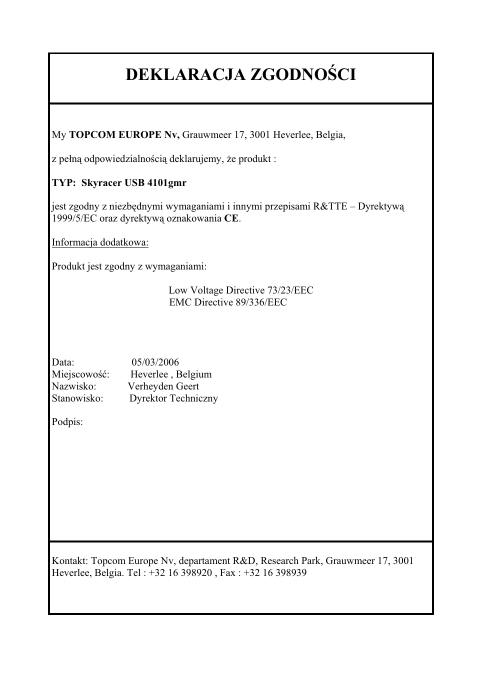 Deklaracja zgodnoĝci | Topcom Skyr@cer 4101GMR User Manual | Page 210 / 212