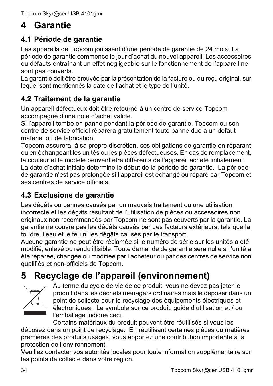 4 garantie, 5 recyclage de l’appareil (environnement) | Topcom Skyr@cer 4101GMR User Manual | Page 34 / 212