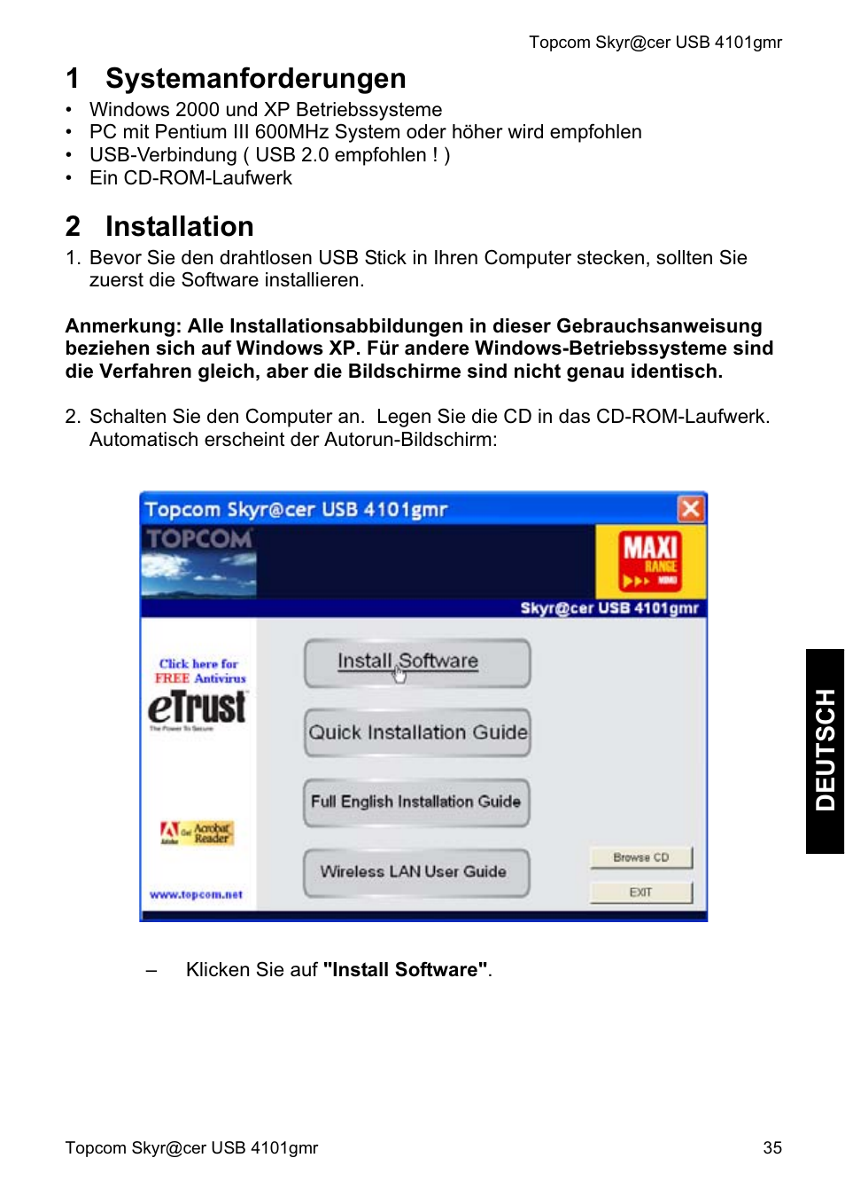 1 systemanforderungen, 2 installation, Deutsch | Topcom Skyr@cer 4101GMR User Manual | Page 35 / 212