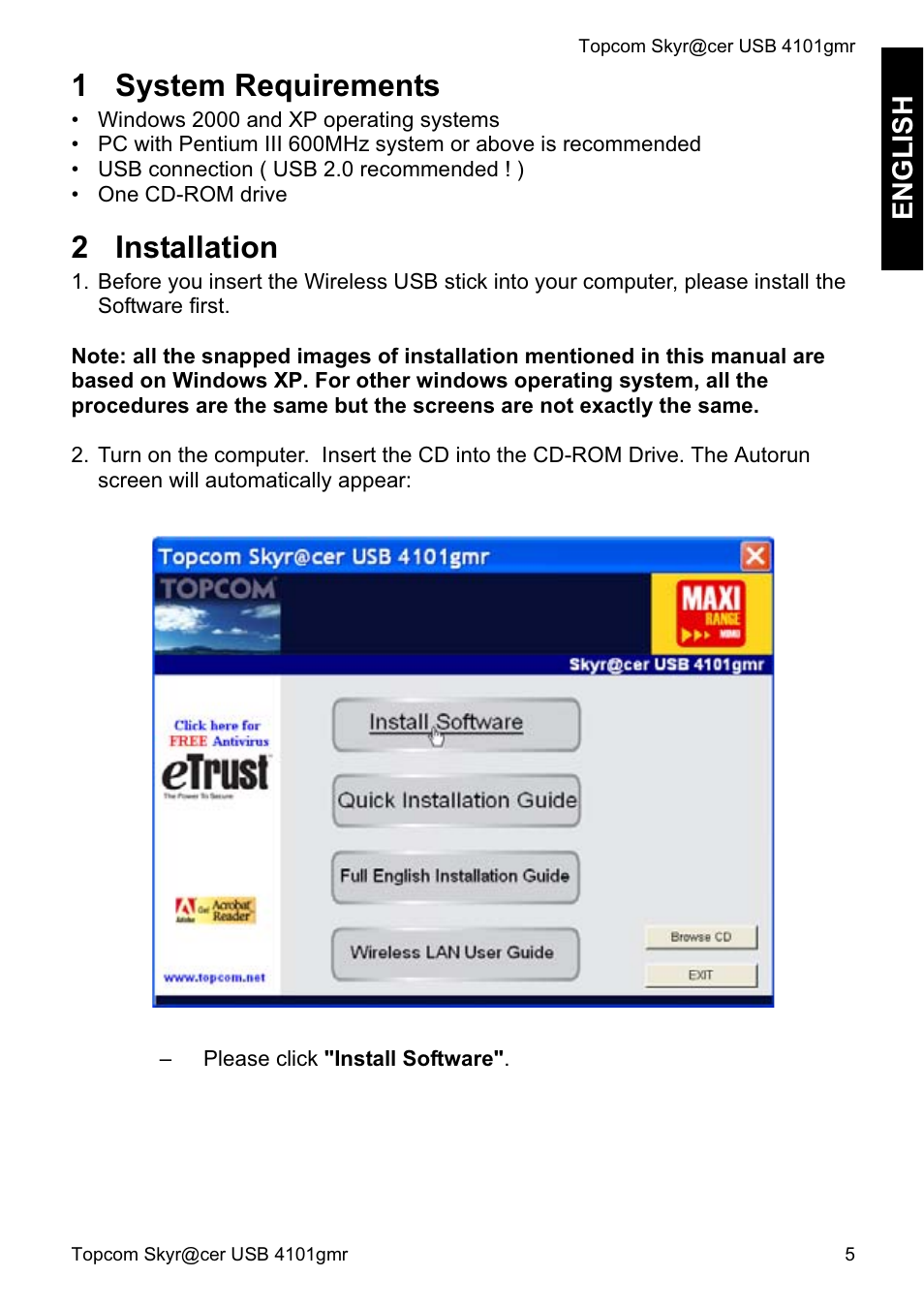 1 system requirements, 2 installation, English | Topcom Skyr@cer 4101GMR User Manual | Page 5 / 212