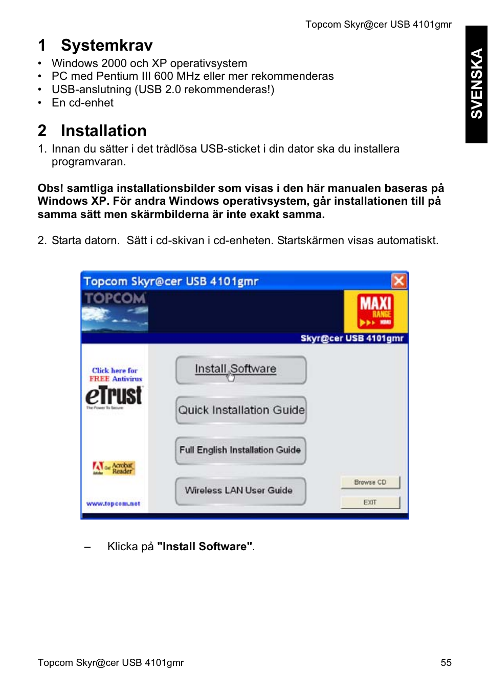 1 systemkrav, 2 installation, Svenska | Topcom Skyr@cer 4101GMR User Manual | Page 55 / 212