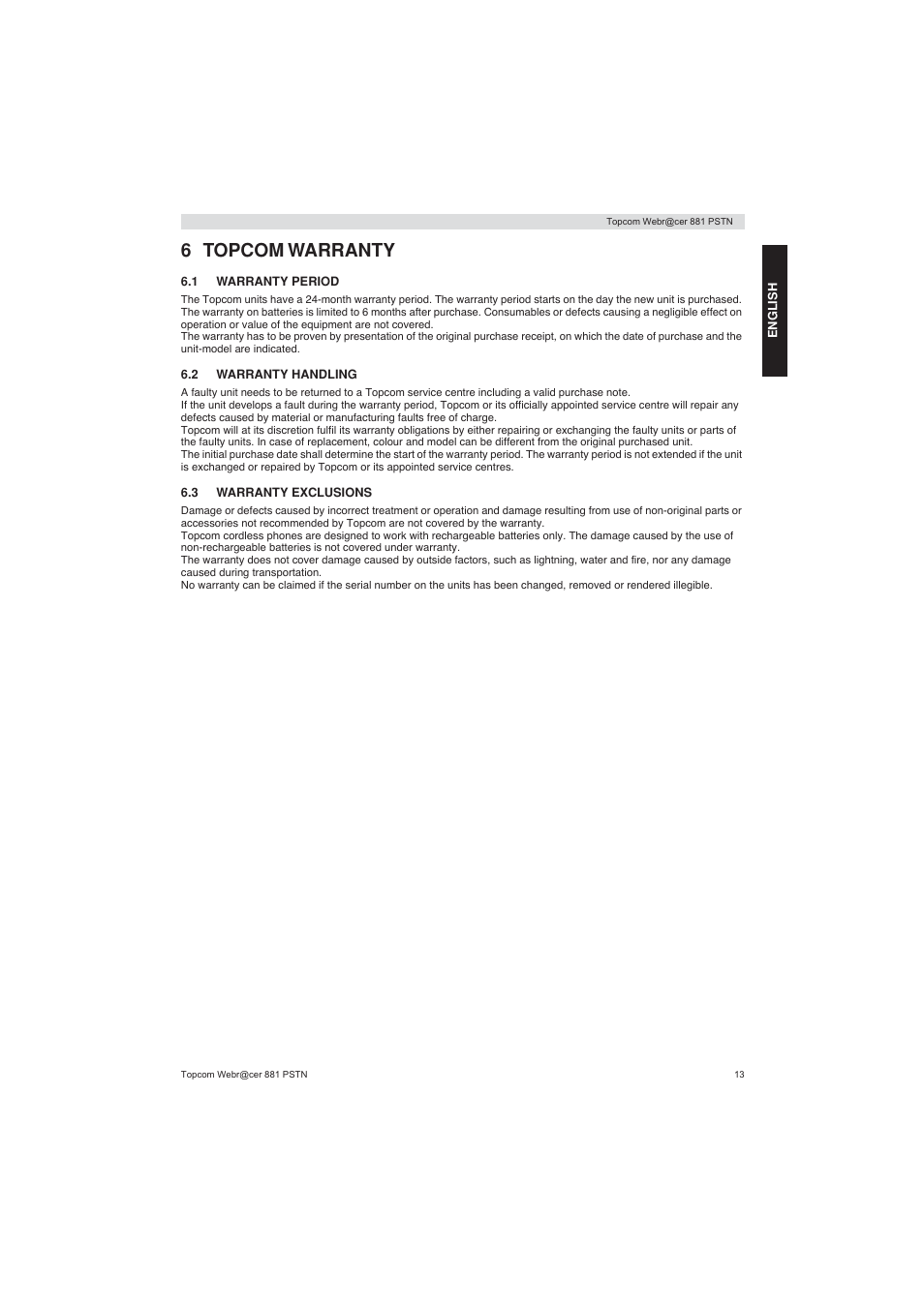 6 topcom warranty | Topcom Webracer 881 PSTN User Manual | Page 13 / 96