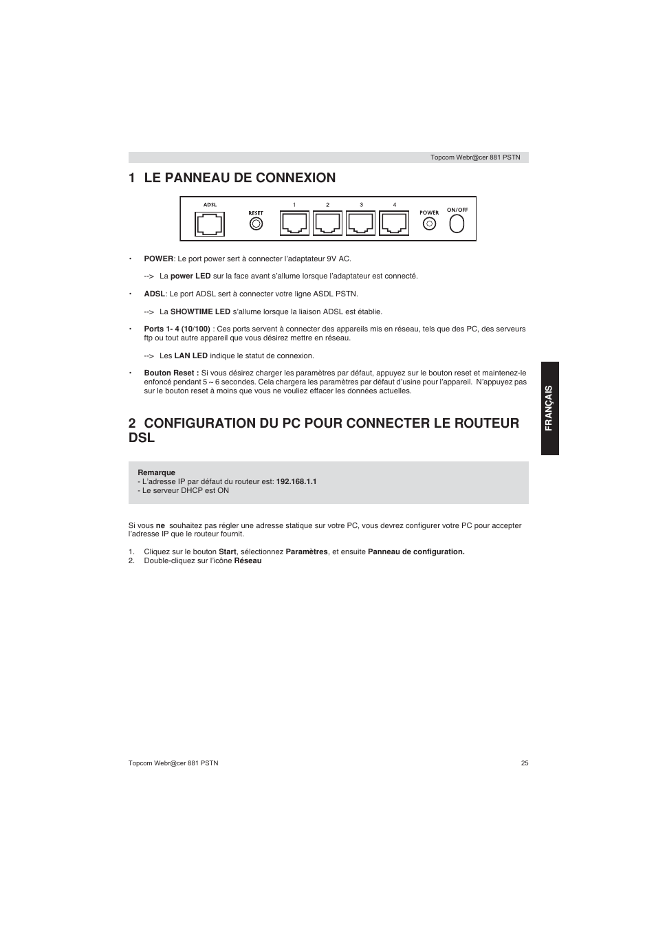 1 le panneau de connexion | Topcom Webracer 881 PSTN User Manual | Page 25 / 96