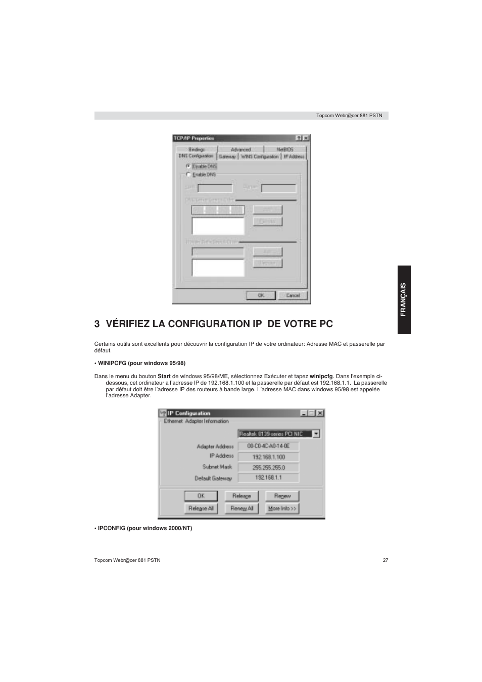 3 vérifiez la configuration ip de votre pc | Topcom Webracer 881 PSTN User Manual | Page 27 / 96