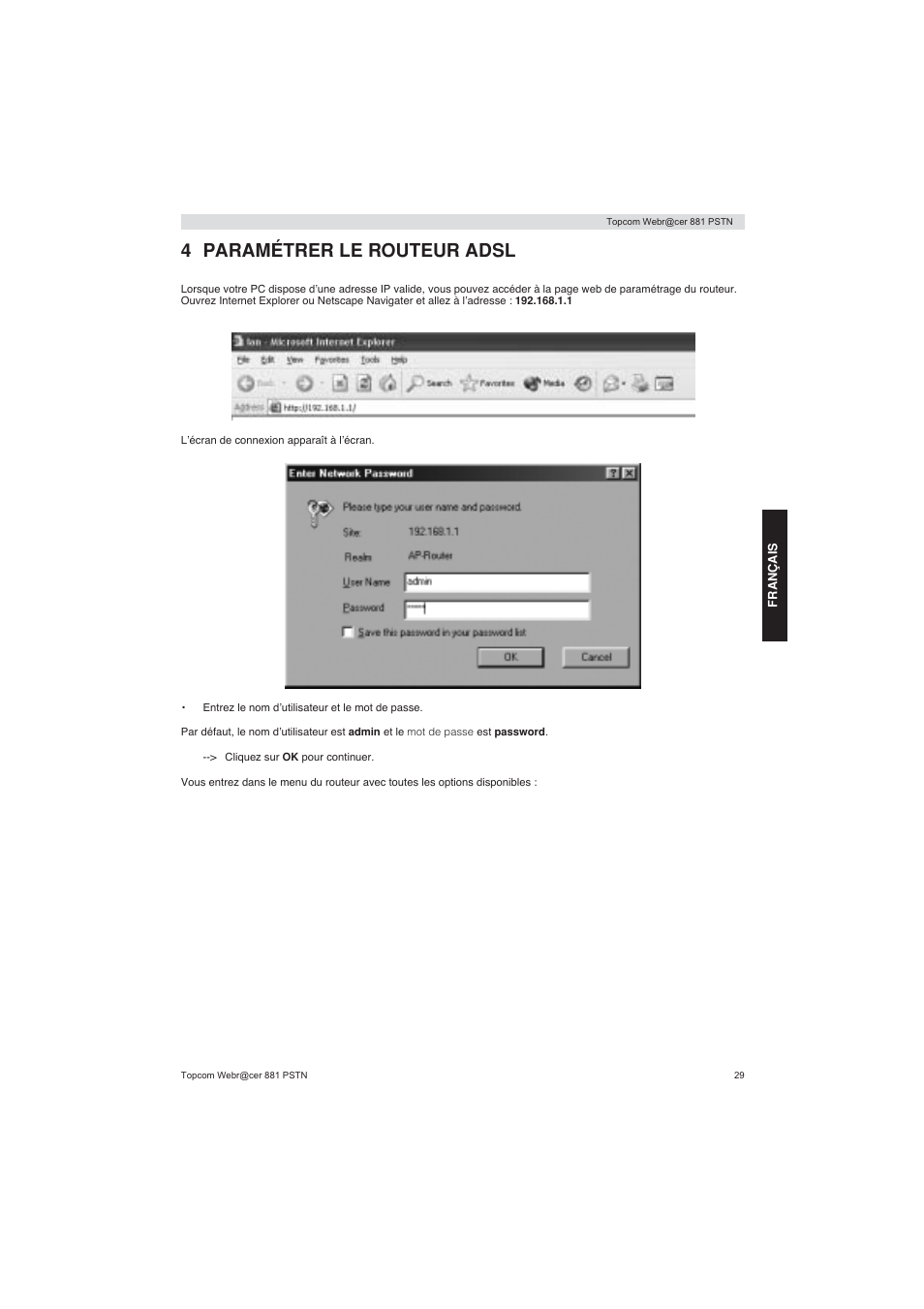 4 paramétrer le routeur adsl | Topcom Webracer 881 PSTN User Manual | Page 29 / 96