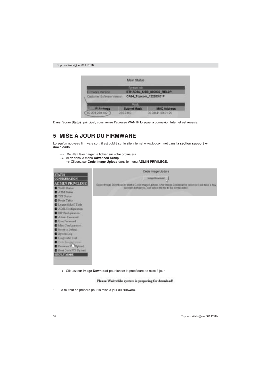 5 mise à jour du firmware | Topcom Webracer 881 PSTN User Manual | Page 32 / 96