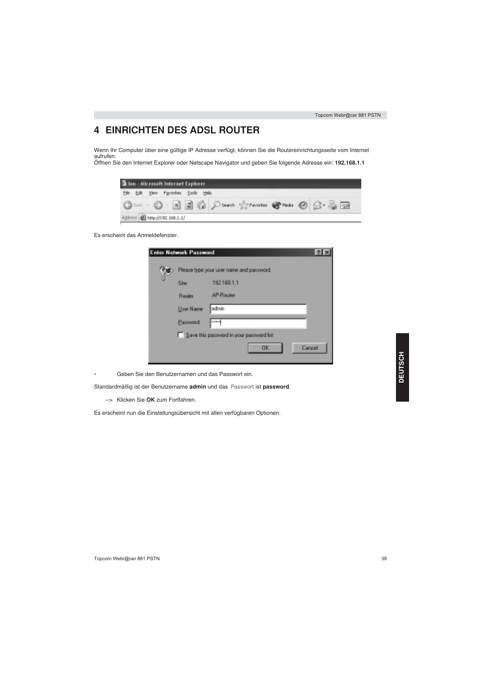 4 einrichten des adsl router | Topcom Webracer 881 PSTN User Manual | Page 39 / 96