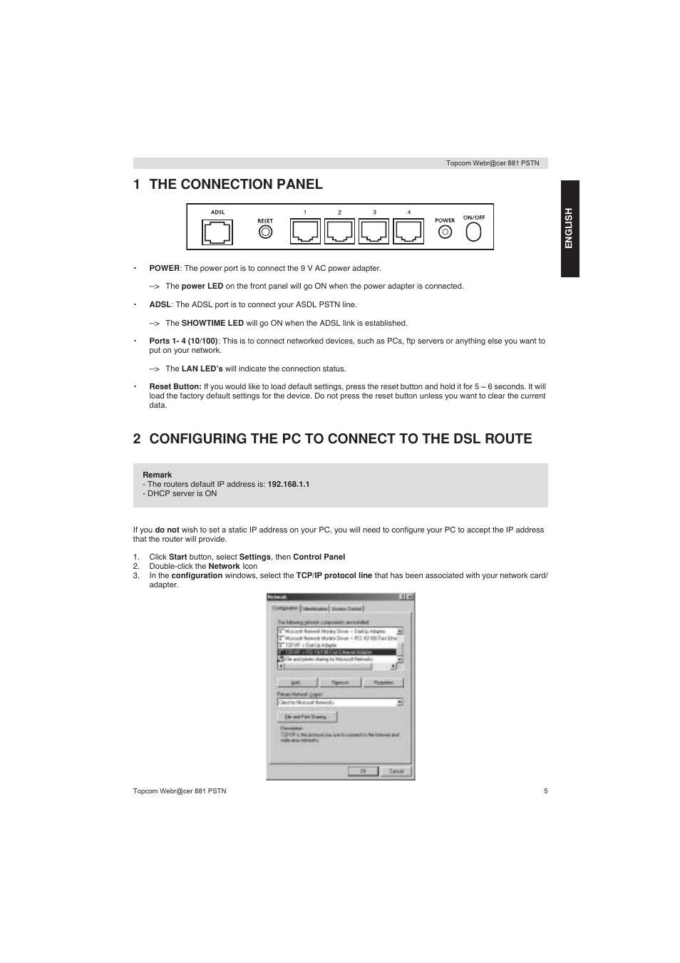 1 the connection panel, 2 configuring the pc to connect to the dsl route | Topcom Webracer 881 PSTN User Manual | Page 5 / 96