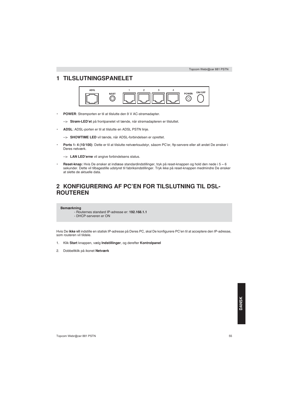 1 tilslutningspanelet | Topcom Webracer 881 PSTN User Manual | Page 55 / 96