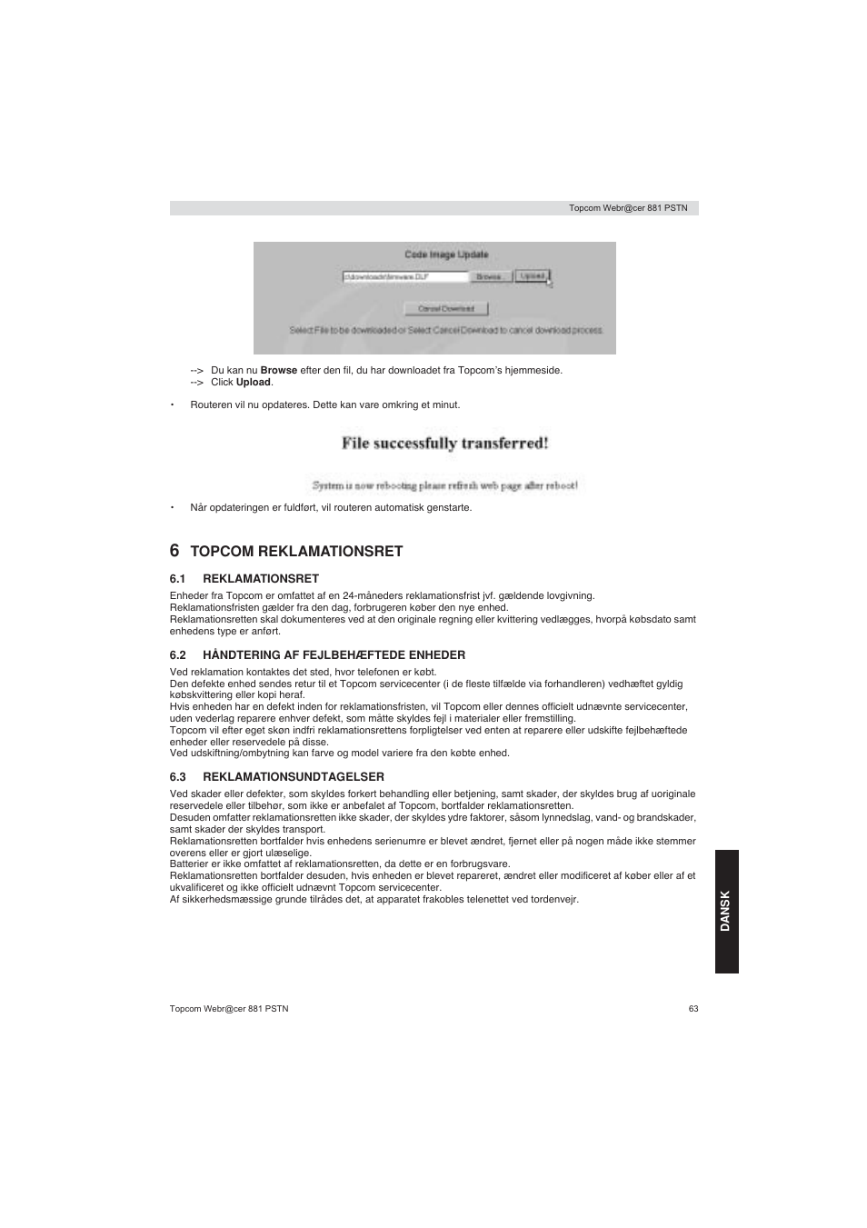 Topcom reklamationsret | Topcom Webracer 881 PSTN User Manual | Page 63 / 96