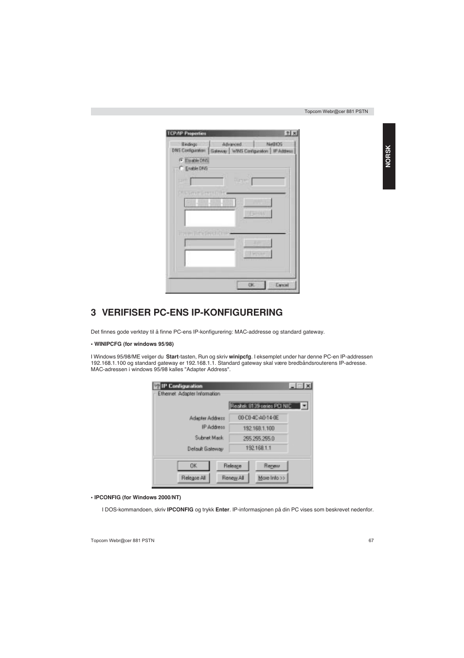 3 verifiser pc-ens ip-konfigurering | Topcom Webracer 881 PSTN User Manual | Page 67 / 96