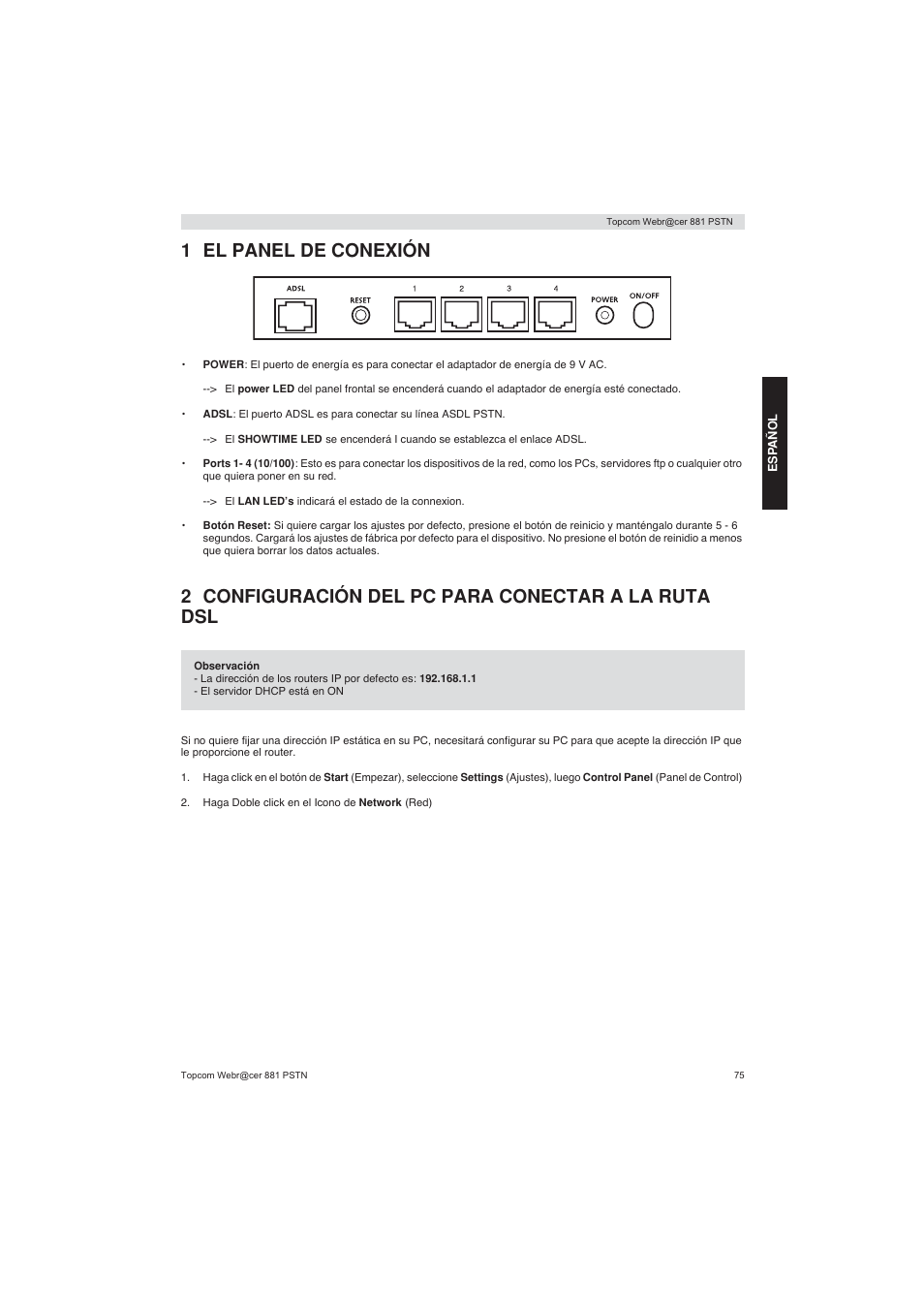1 el panel de conexión, 2 configuración del pc para conectar a la ruta dsl | Topcom Webracer 881 PSTN User Manual | Page 75 / 96