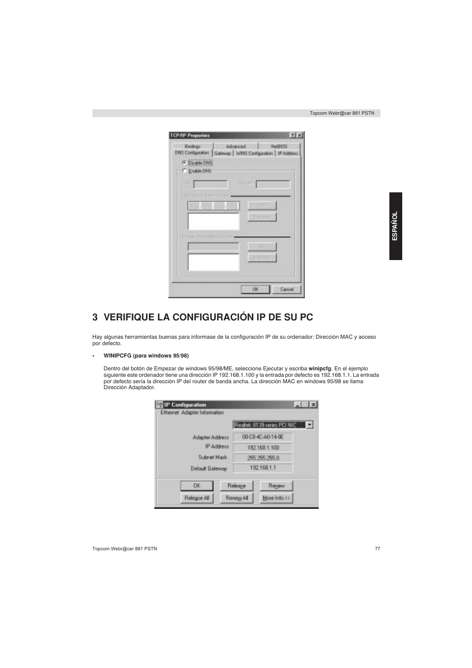 3 verifique la configuración ip de su pc | Topcom Webracer 881 PSTN User Manual | Page 77 / 96