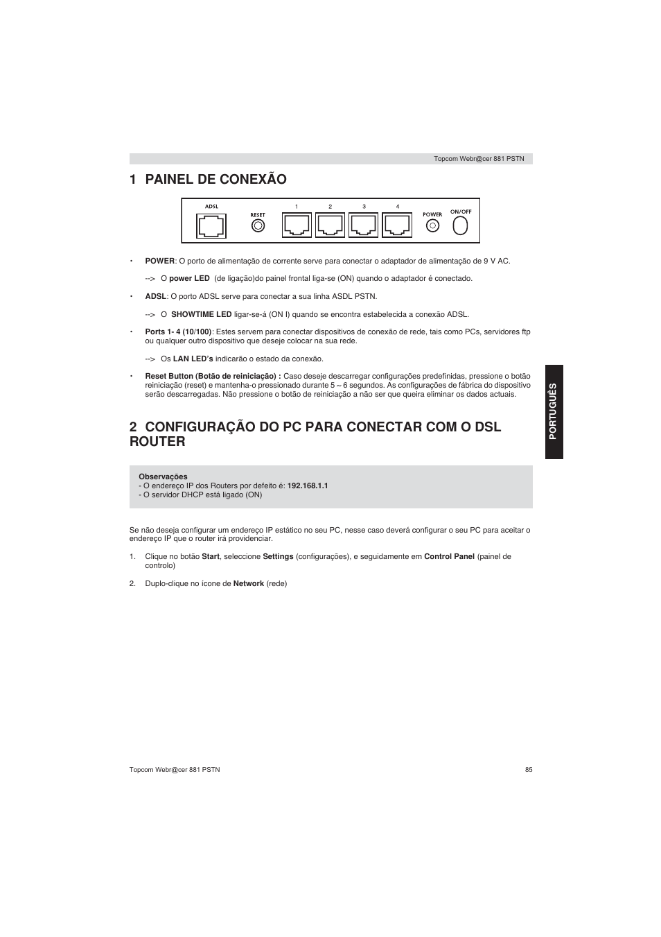 1 painel de conexão | Topcom Webracer 881 PSTN User Manual | Page 85 / 96