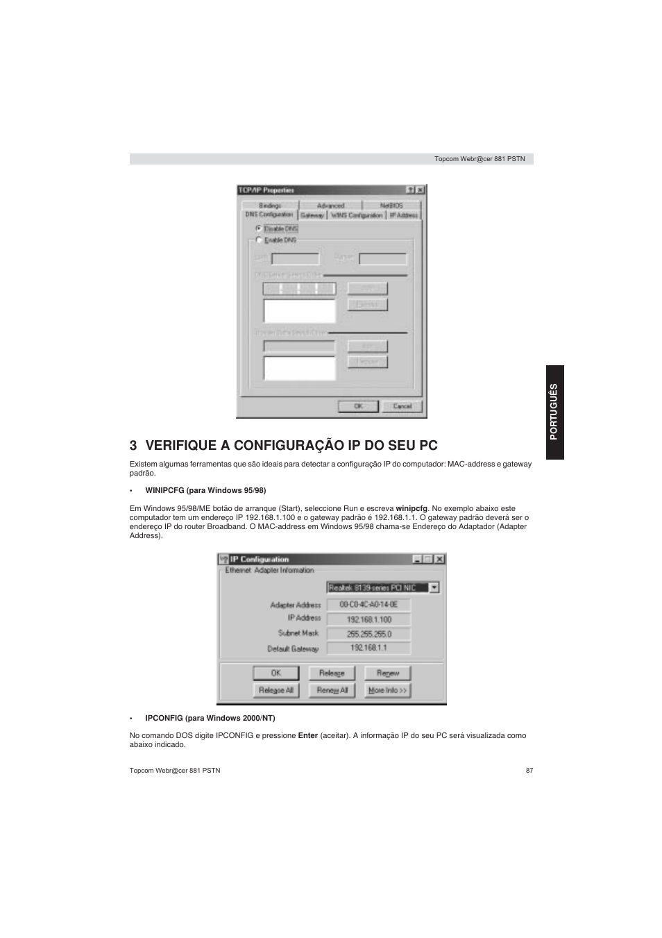 3 verifique a configuração ip do seu pc | Topcom Webracer 881 PSTN User Manual | Page 87 / 96