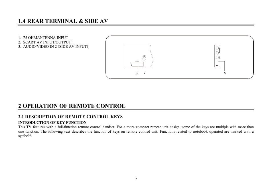 4 rear terminal & side av, 2 operation of remote control | Hyundai H-TV2104 User Manual | Page 7 / 49