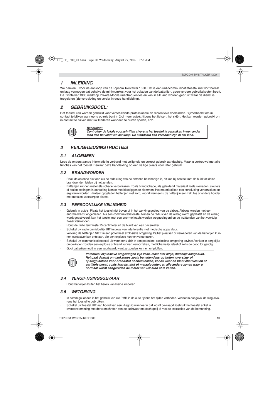 1inleiding, 2gebruiksdoel, 3veiligheidsinstructies | Topcom Twintalker 1300 User Manual | Page 10 / 116