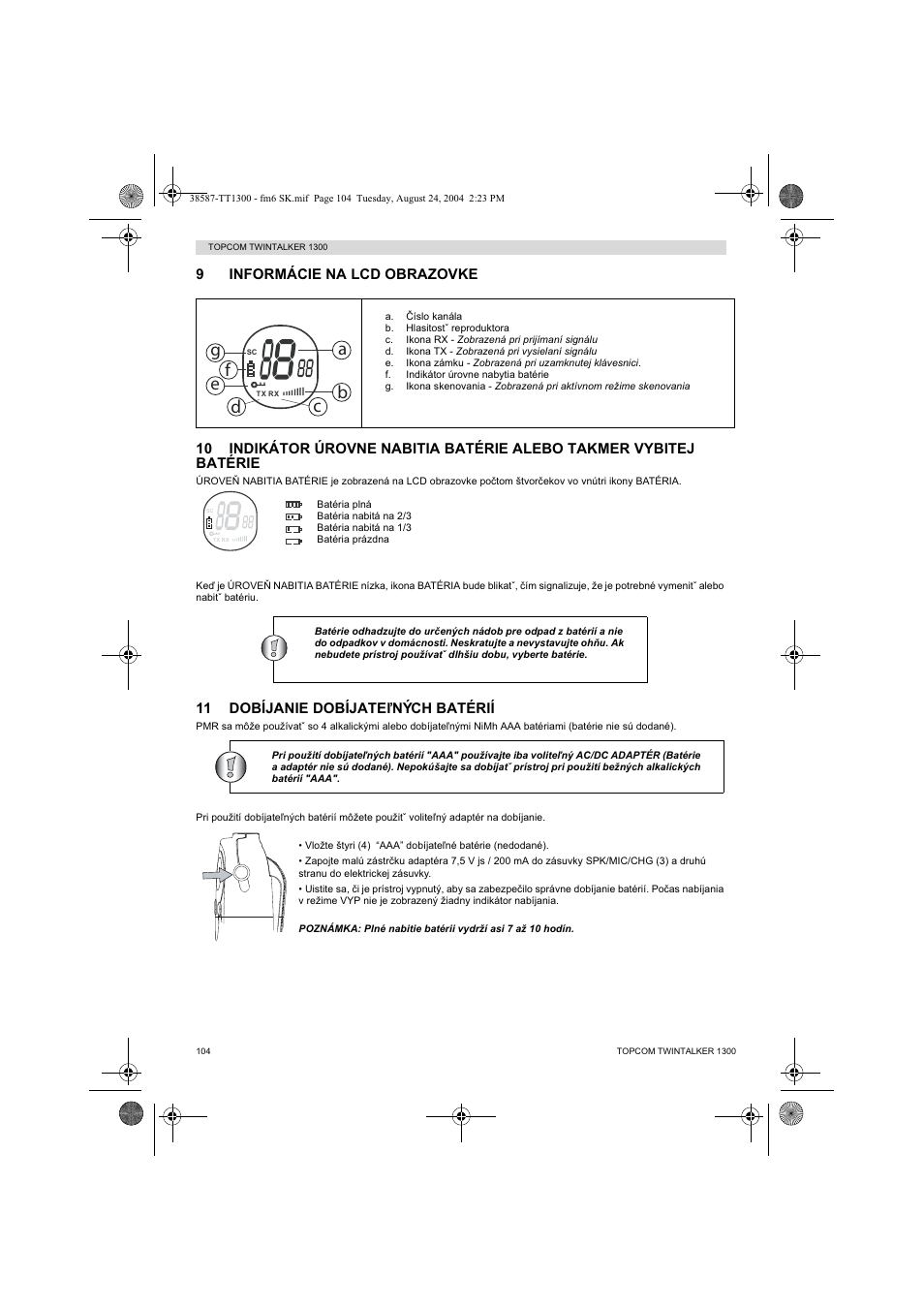 11 dobíjanie dobíjateđných batérií | Topcom Twintalker 1300 User Manual | Page 104 / 116