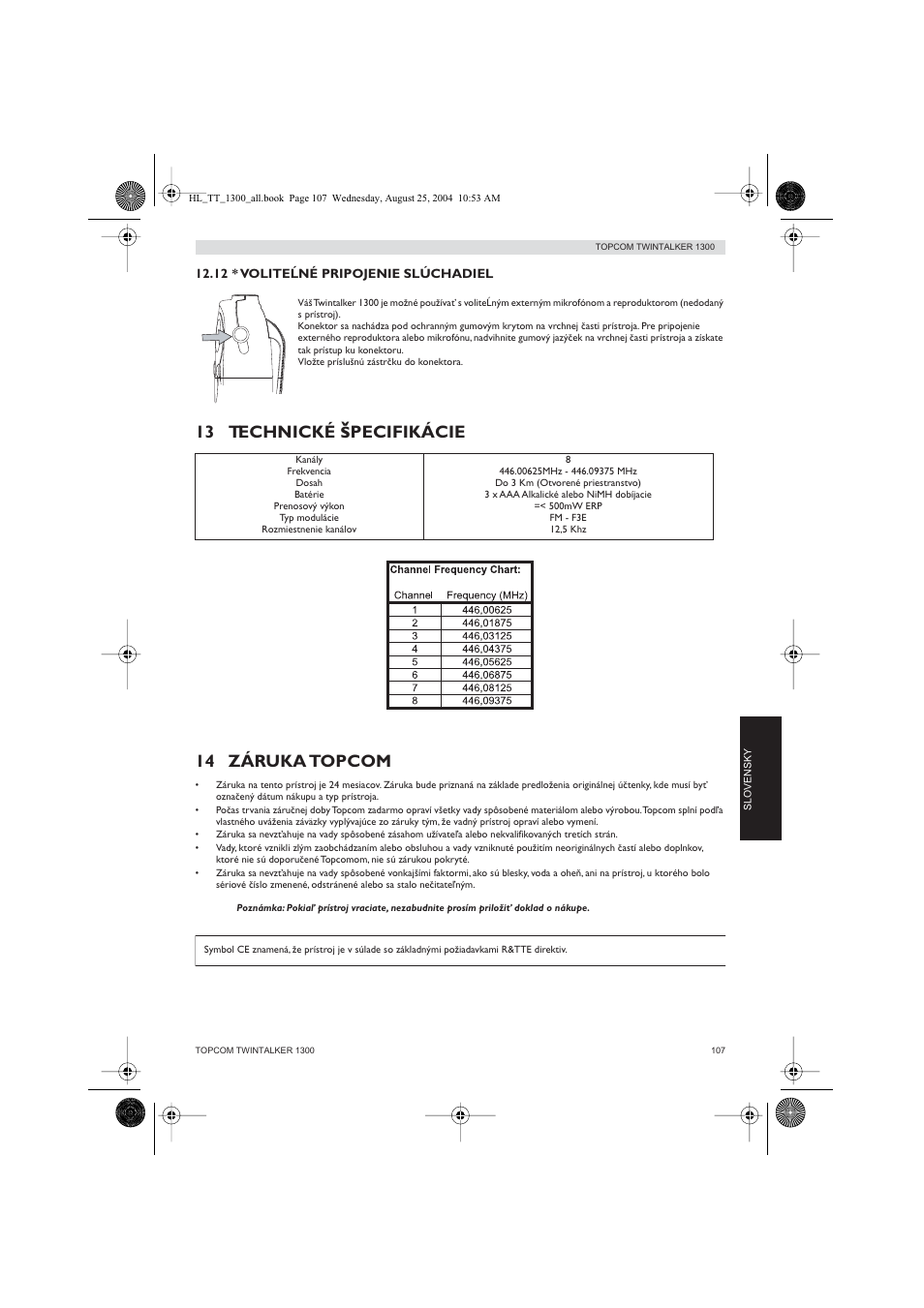 13 technické, Pecifikácie 14 záruka topcom | Topcom Twintalker 1300 User Manual | Page 107 / 116