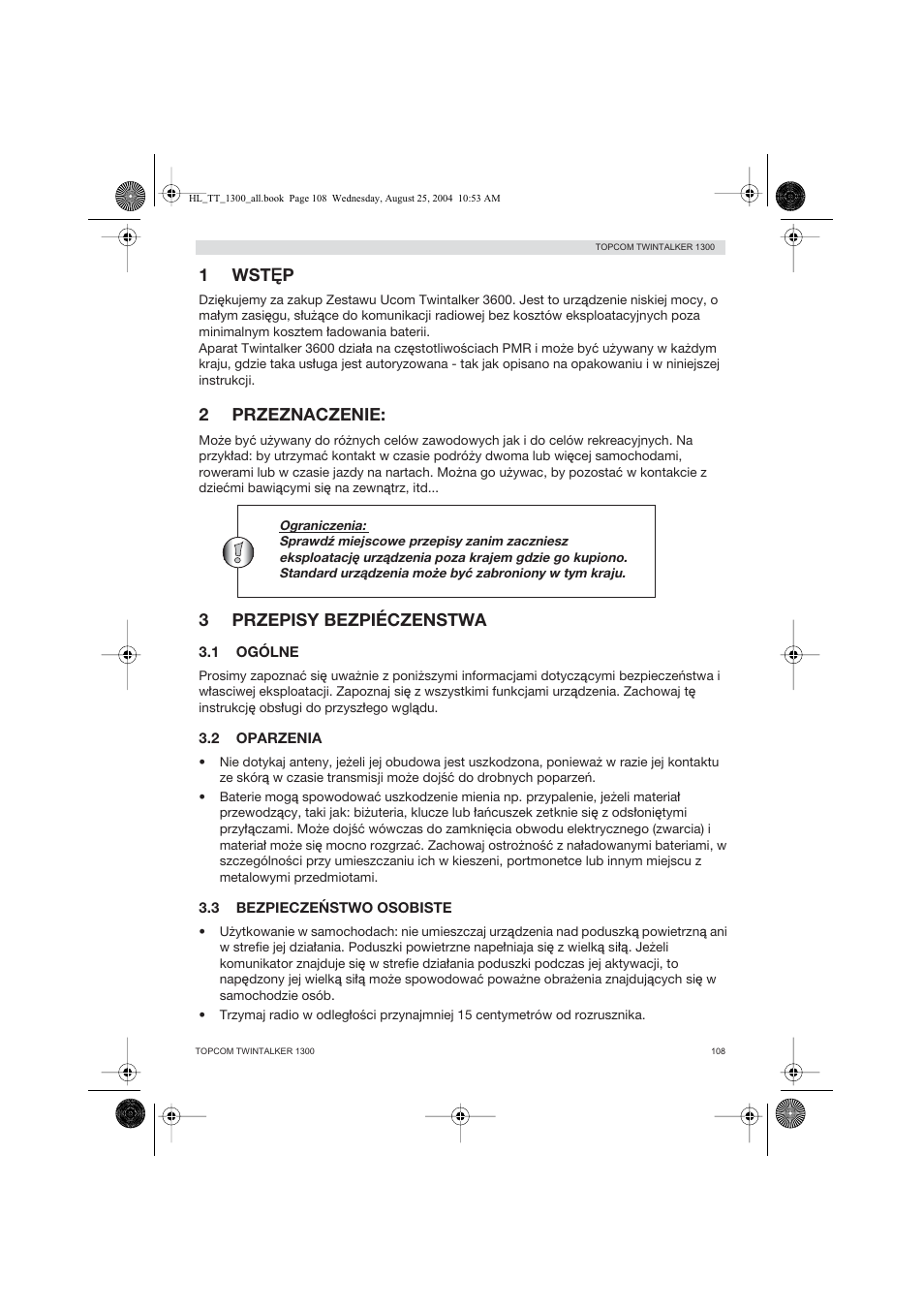 1wst‰p, 2przeznaczenie, 3przepisy bezpiéczenstwa | Topcom Twintalker 1300 User Manual | Page 108 / 116