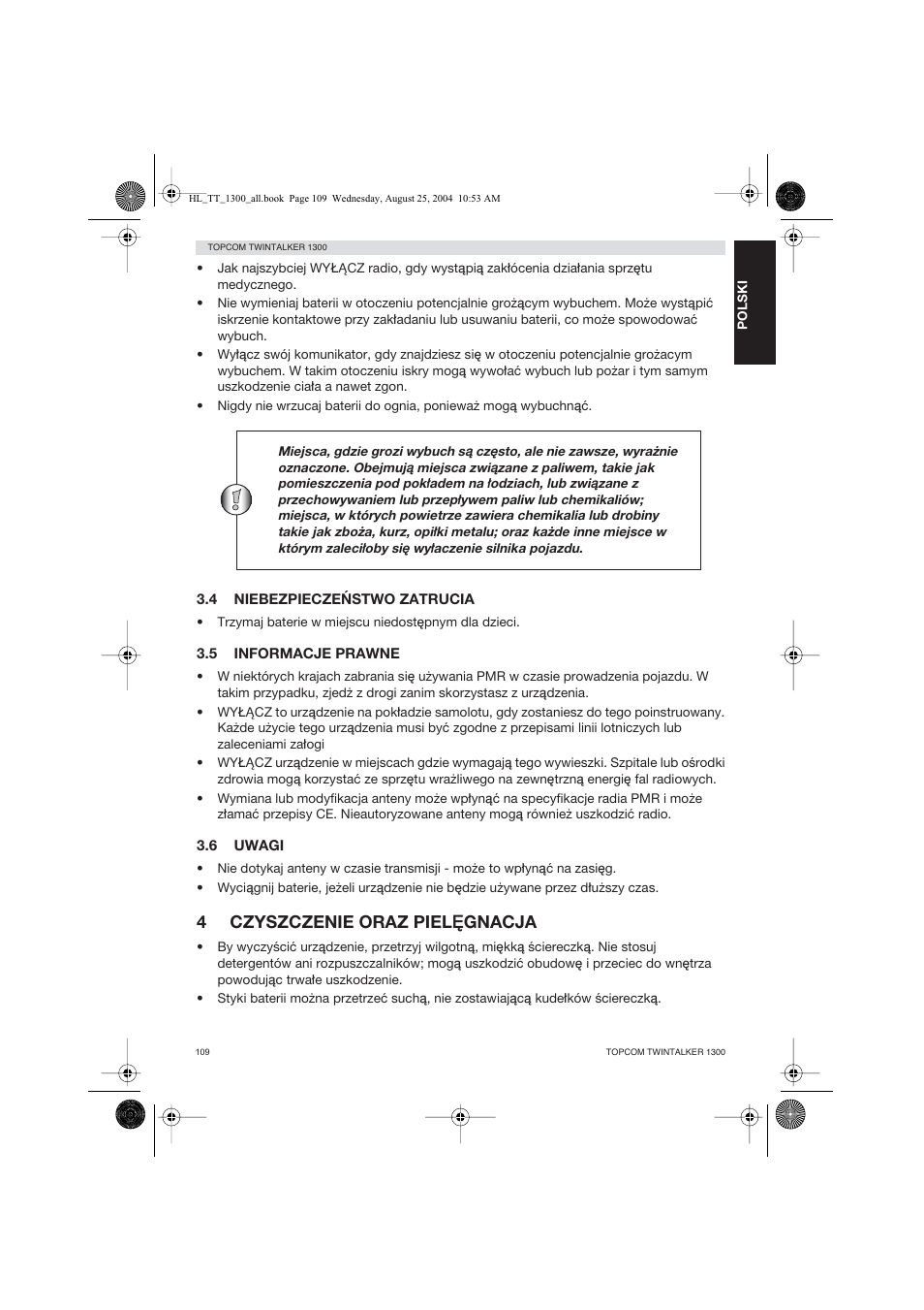 4czyszczenie oraz piel‰gnacja | Topcom Twintalker 1300 User Manual | Page 109 / 116