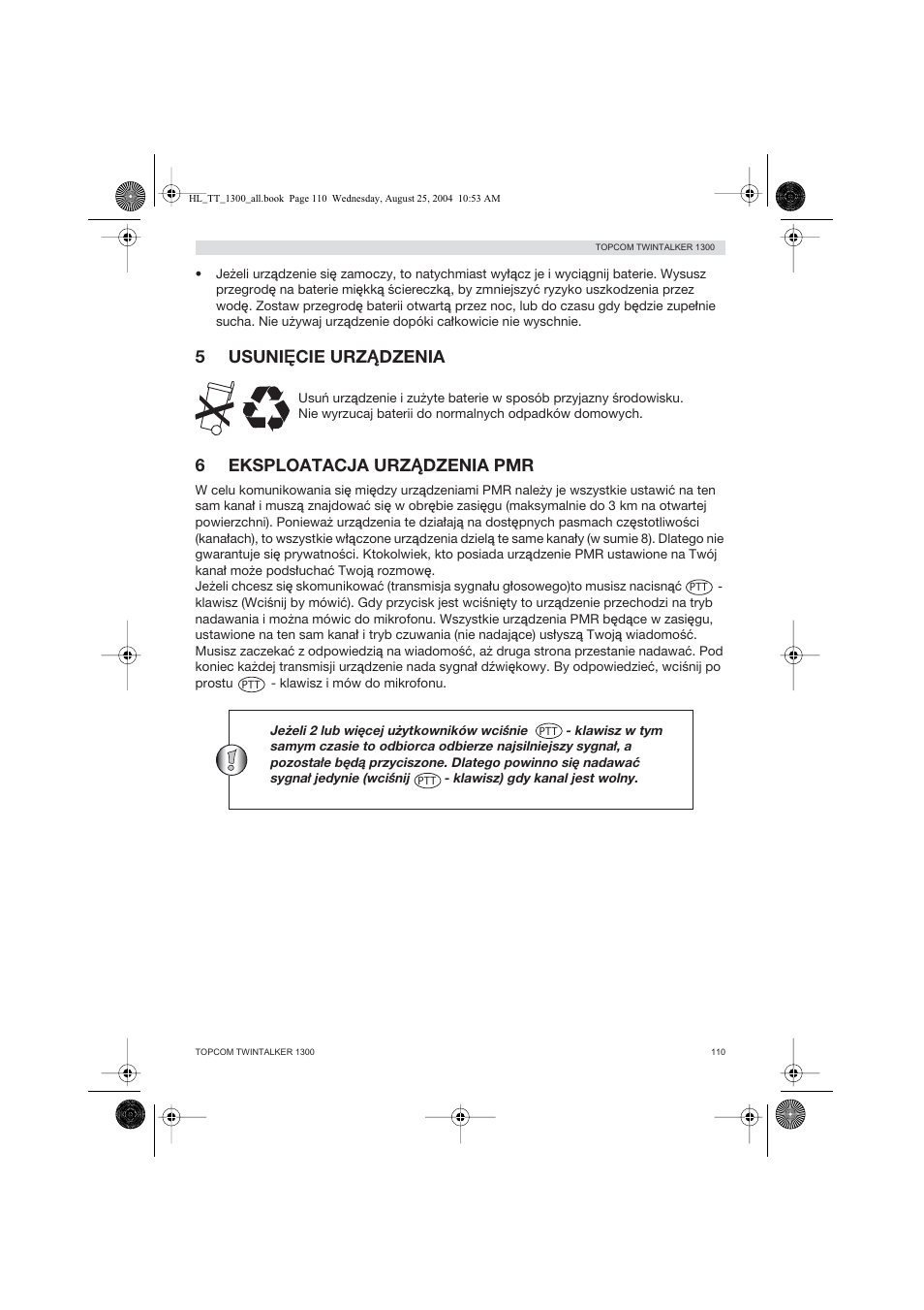 5usuni‰cie urzådzenia, 6eksploatacja urzådzenia pmr | Topcom Twintalker 1300 User Manual | Page 110 / 116