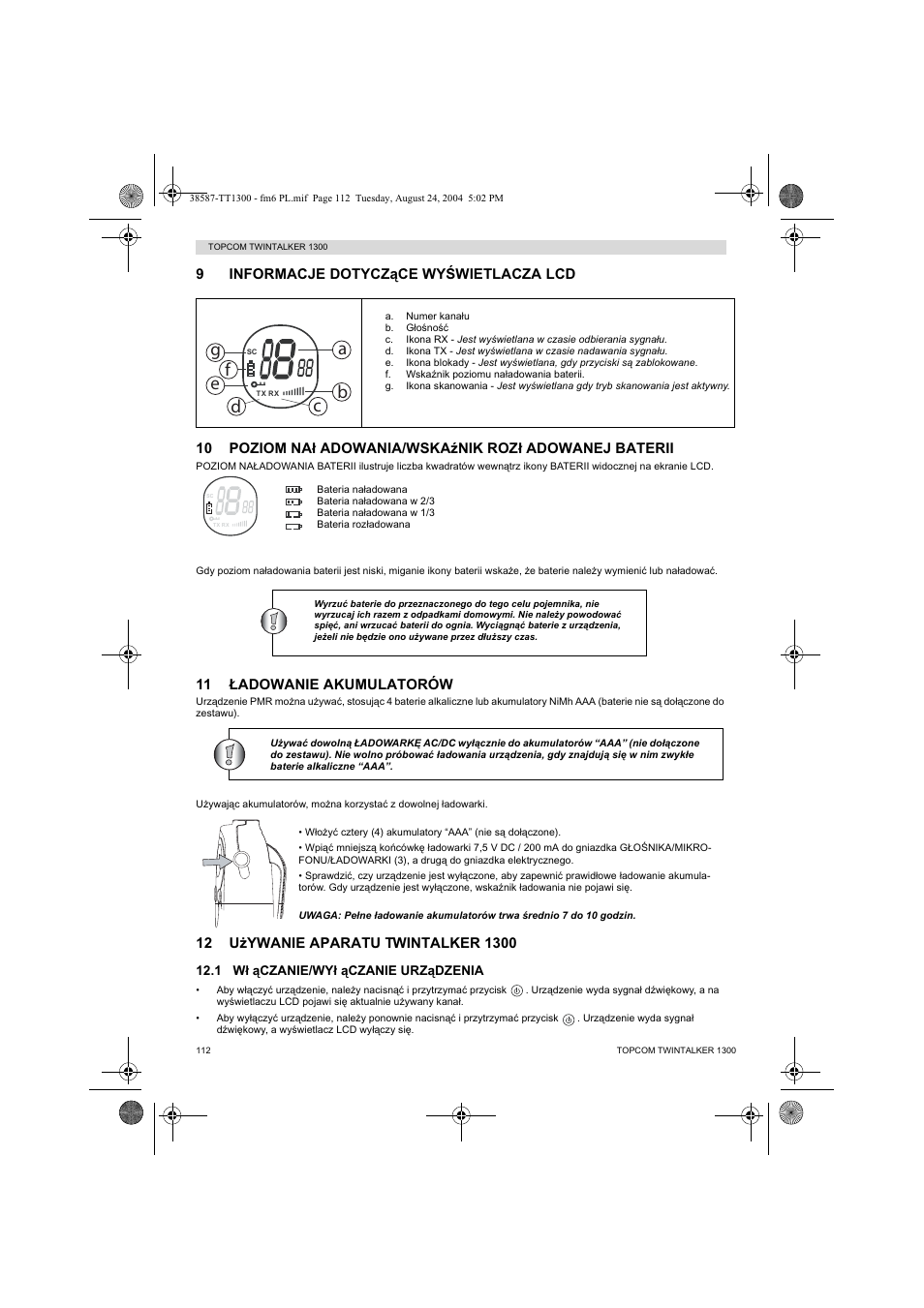 11 àadowanie akumulatorów | Topcom Twintalker 1300 User Manual | Page 112 / 116