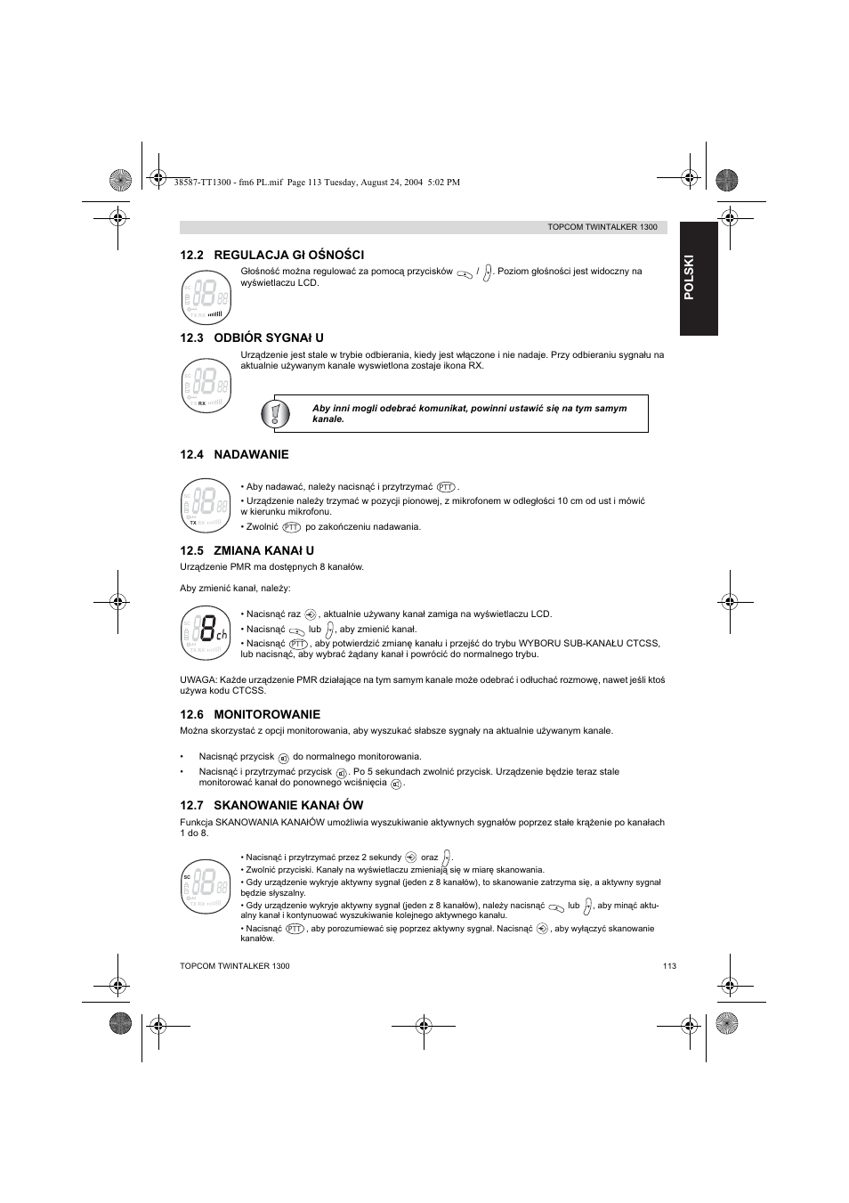 2 regulacja gá oĝnoĝci, 3 odbiór sygnaá u, 4 nadawanie | 5 zmiana kanaá u, 6 monitorowanie, 7 skanowanie kanaá ów, Polski | Topcom Twintalker 1300 User Manual | Page 113 / 116