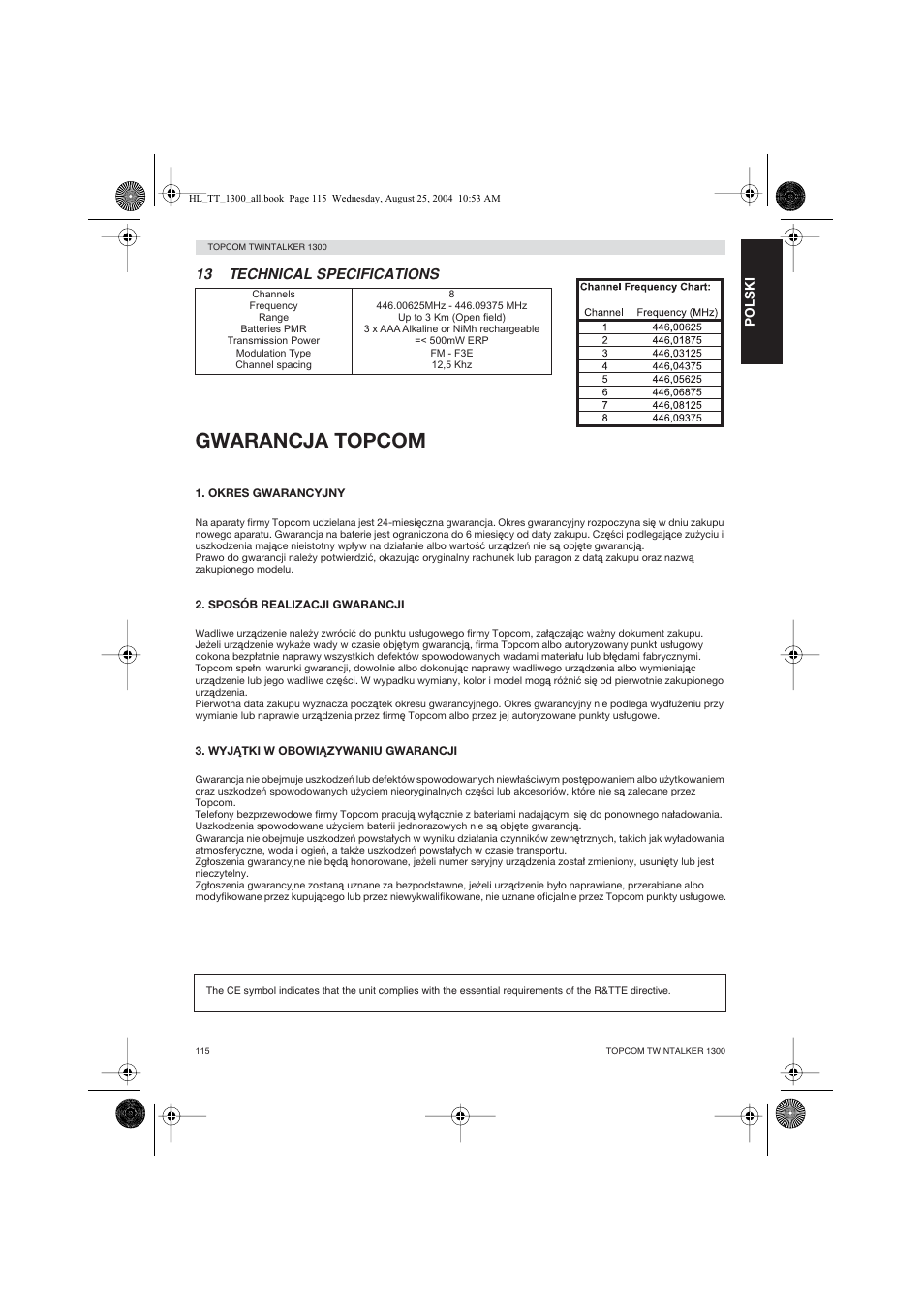 Gwarancja topcom, 13 technical specifications | Topcom Twintalker 1300 User Manual | Page 115 / 116