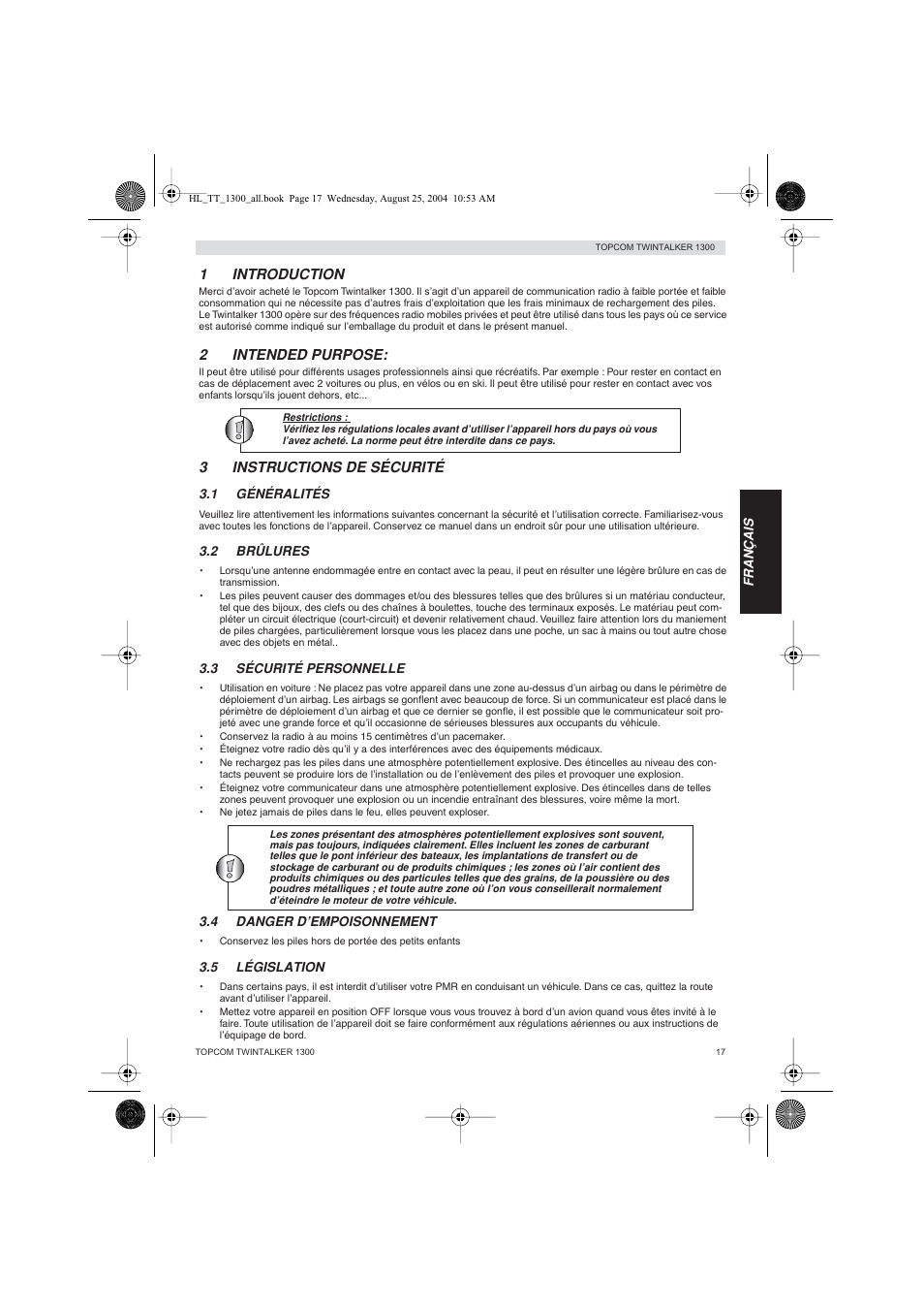 1introduction, 2intended purpose, 3instructions de sécurité | Topcom Twintalker 1300 User Manual | Page 17 / 116